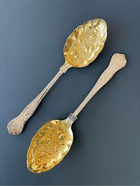Vintage Sheffield England Gold Wash Vermeil Berry Spoons Pair Unused